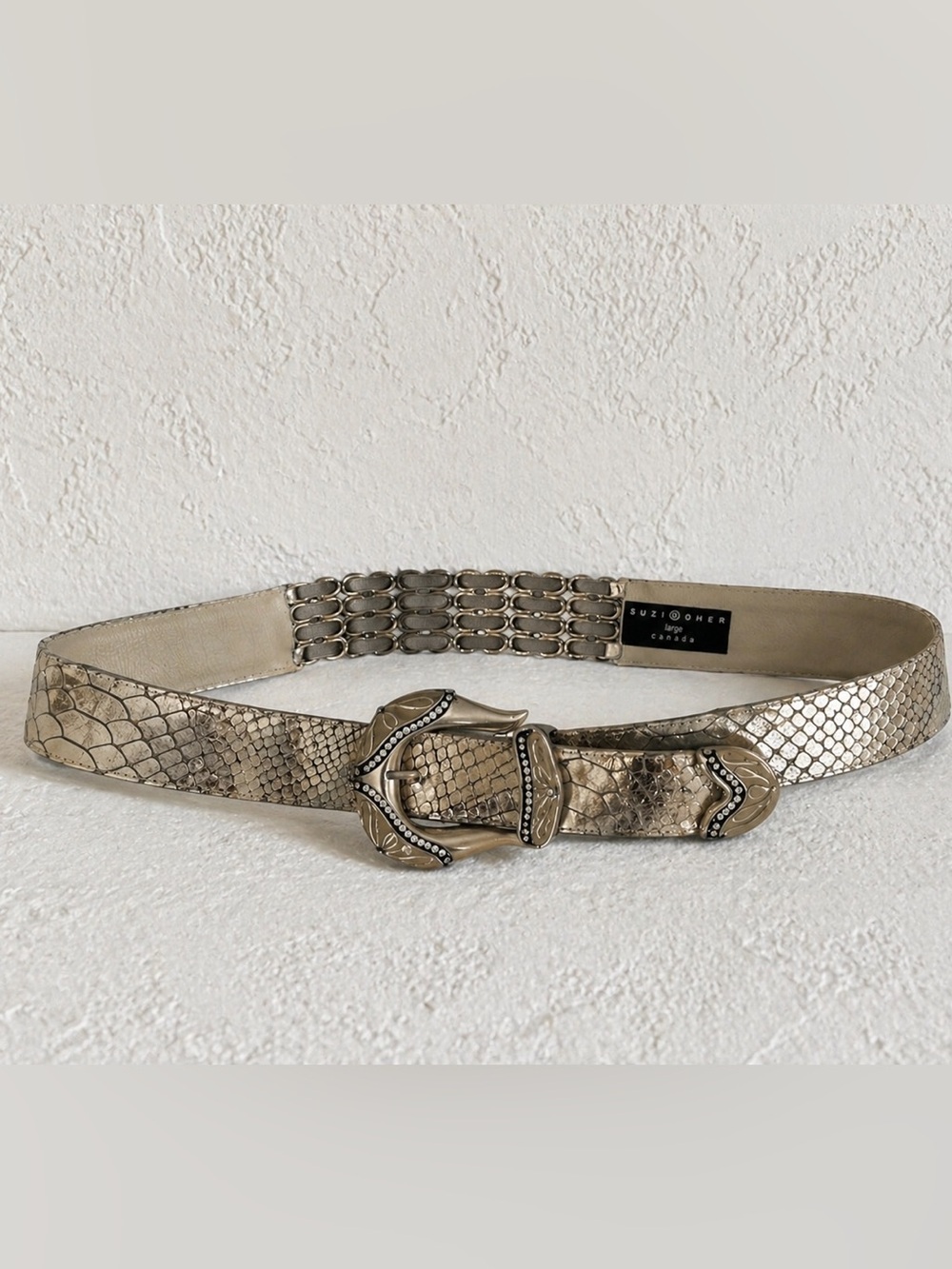 Suzi Roher Snake Print Stretch Belt Gold Western Buckle 38โ42โ
